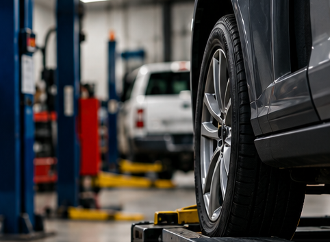 A vehicle raised on a lift inside a repair bay, blue lifts and a pickup in the background