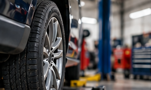 Close view of a tire and alloy wheel in a garage